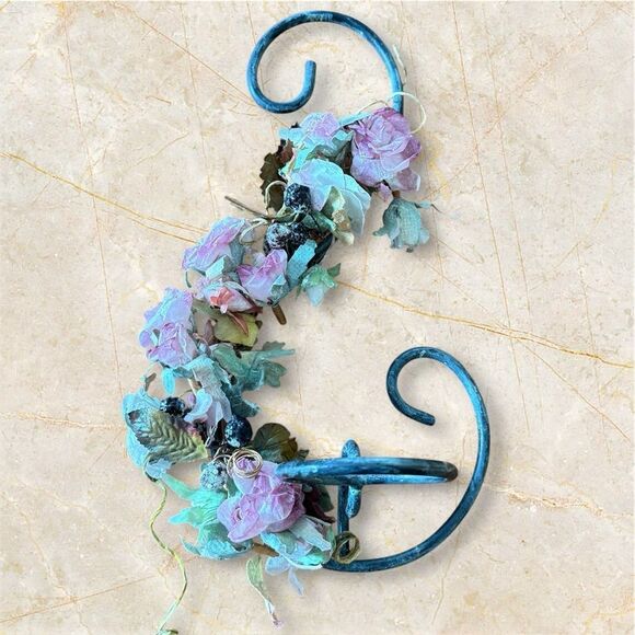 Floral Wall Candle or Vase Holder with Blue and Purple Floral Garland Accents - Picture 1 of 11